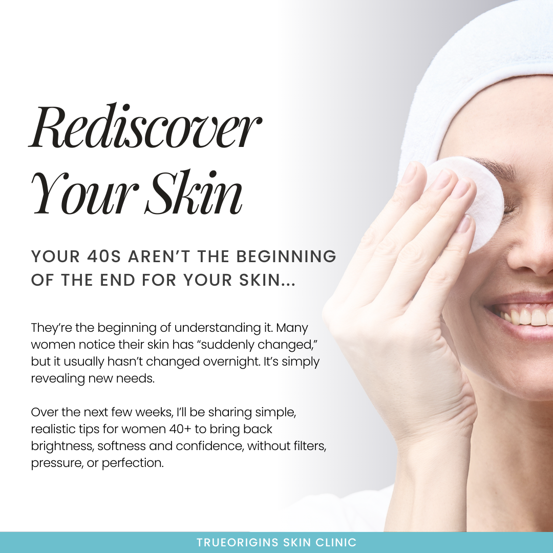 A woman in a white headband using a cotton pad on her face, with light skincare clinic branding and text promoting skin rejuvenation for women over 40.