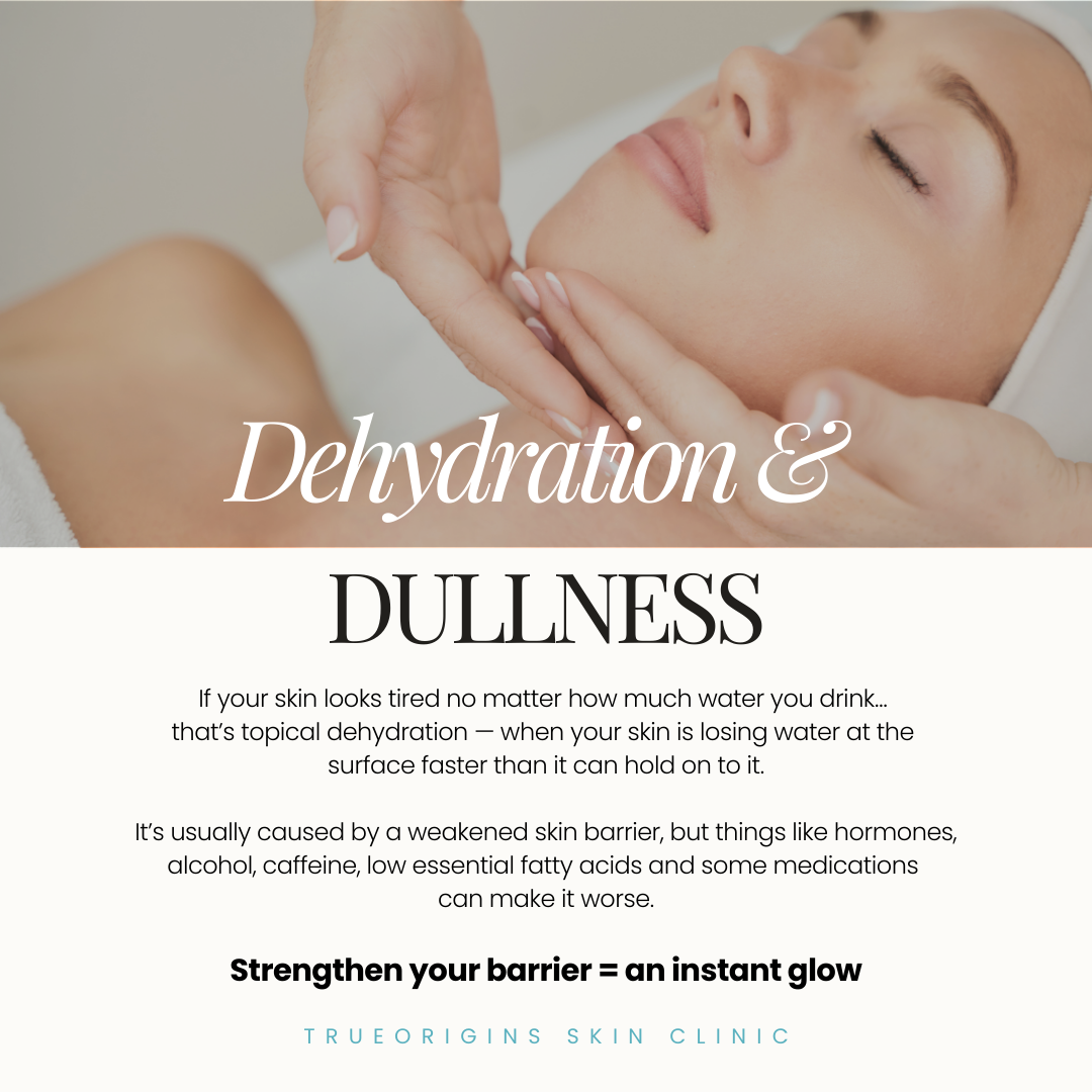A woman receiving a facial treatment, lying with eyes closed, as a skincare professional gently touches her chin and cheek. Overlaid text reads 'Dehydration & DULLNESS' and information about skin dehydration and how to improve skin barrier health.