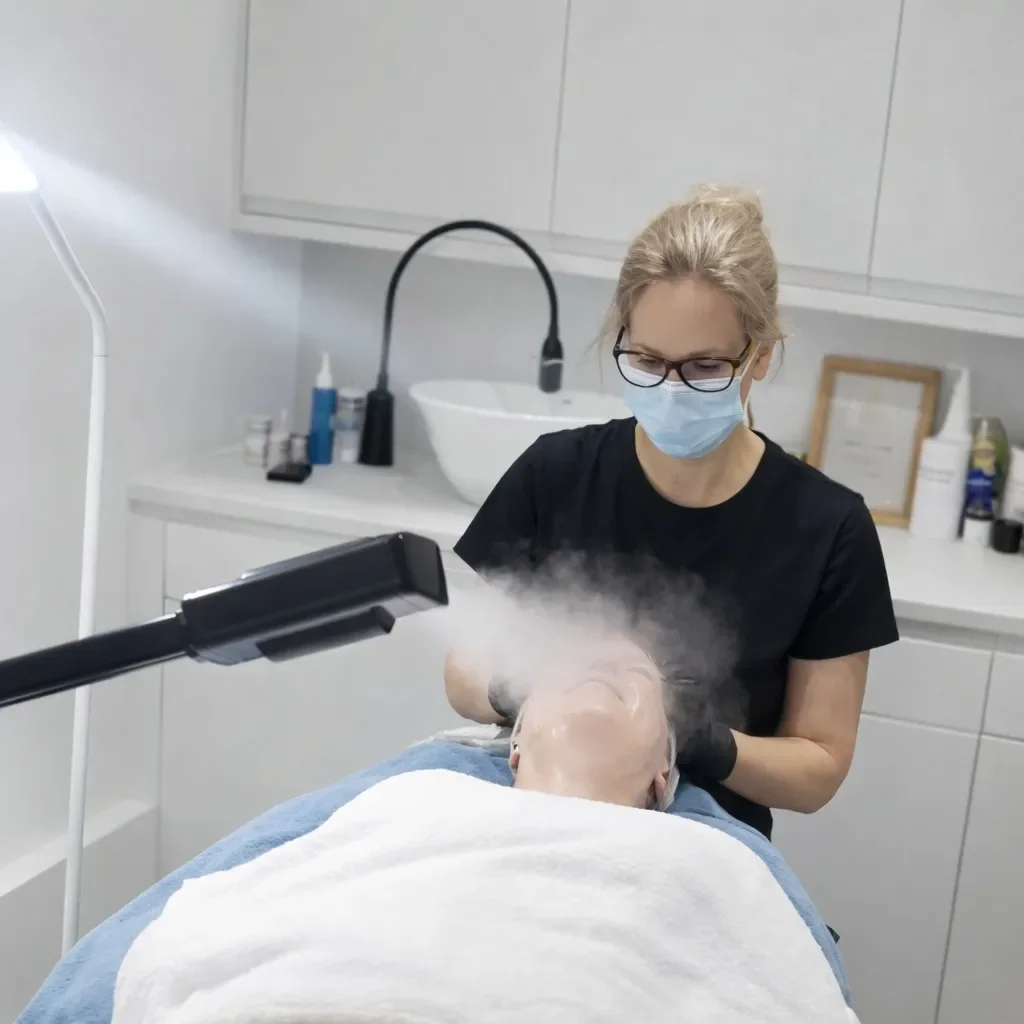 A female therapist wearing glasses, a face mask, and black scrubs performs a facial treatment on a client lying down with a towel over her. The woman uses a device emitting steam or vapor onto the client's face in a clinical setting.