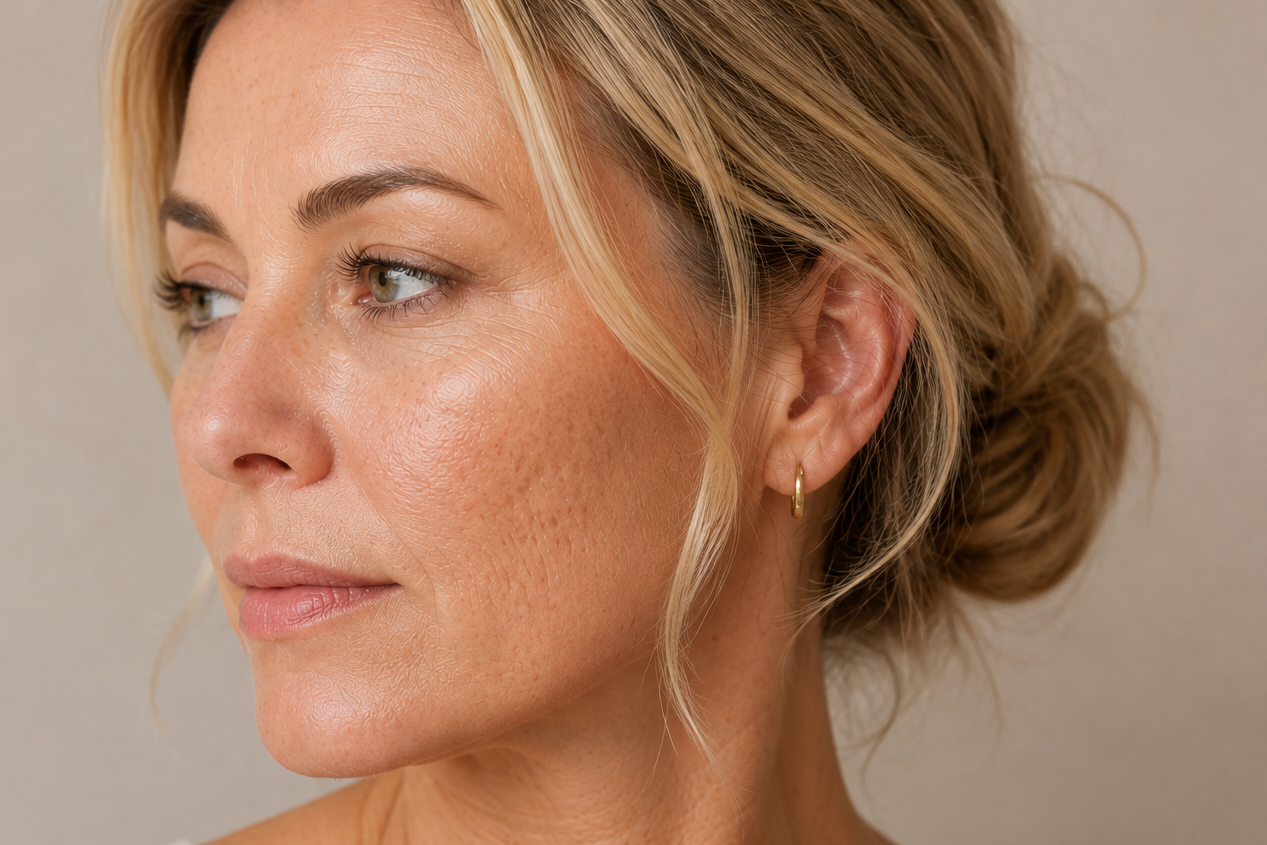 Woman lying down with closed eyes receiving a microneedling facial treatment in a salon.