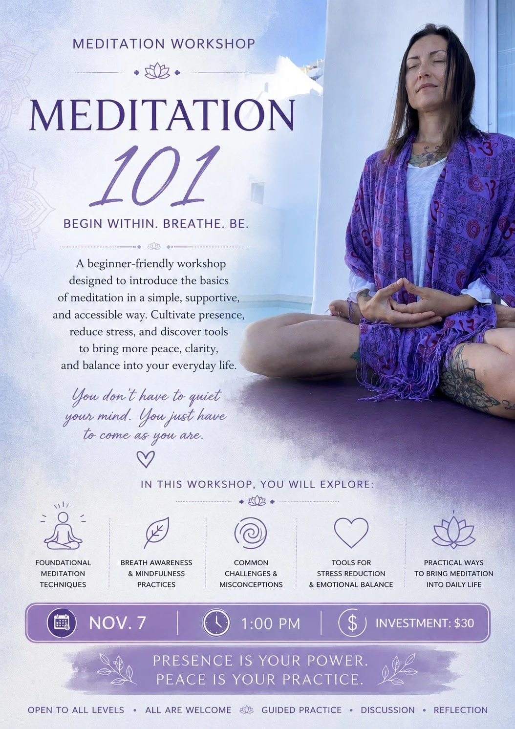 Meditation 101 workshop flyer for November 7 at 1 PM at Heart and Light Yoga in Old Hickory, Tennessee. An accessible introduction to meditation techniques, common misconceptions and practical ways to begin a meditation practice. Investment: $30.