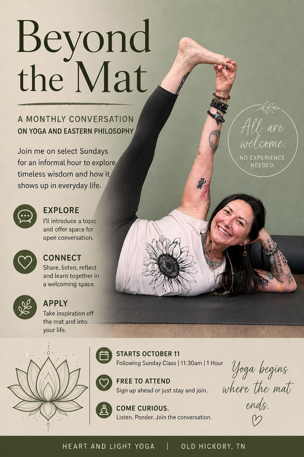 Beyond the Mat: Conversations on Yoga and Eastern Philosophy. Free monthly talks with Michelle Roy at Heart and Light Yoga in Old Hickory, Tennessee, beginning October 11 at 11:30 AM.