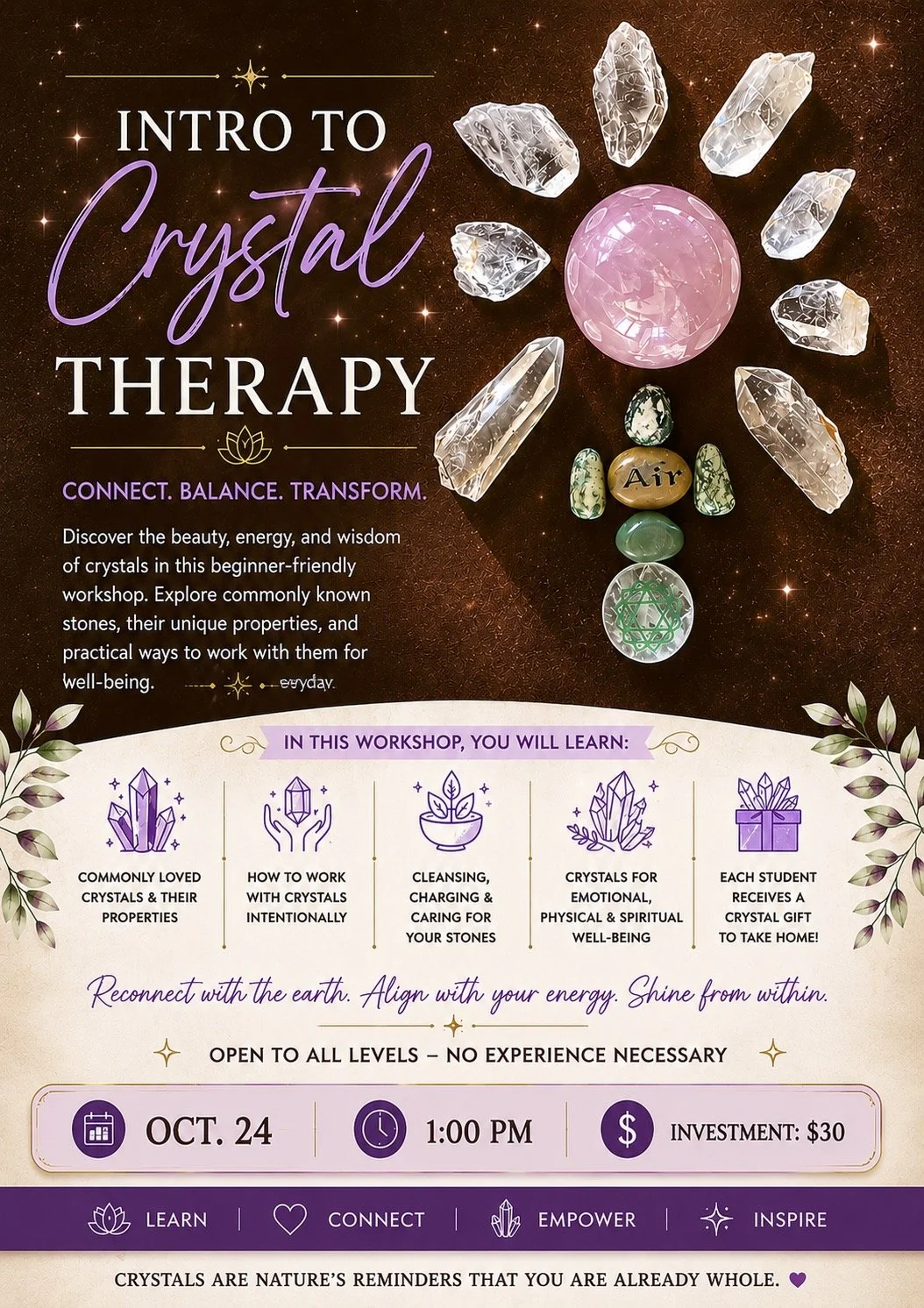 Intro to Crystal Therapy workshop flyer for October 24 at 1 PM at Heart and Light Yoga in Old Hickory, Tennessee. Learn about crystals, their properties and practical ways to work with them. Investment: $30.