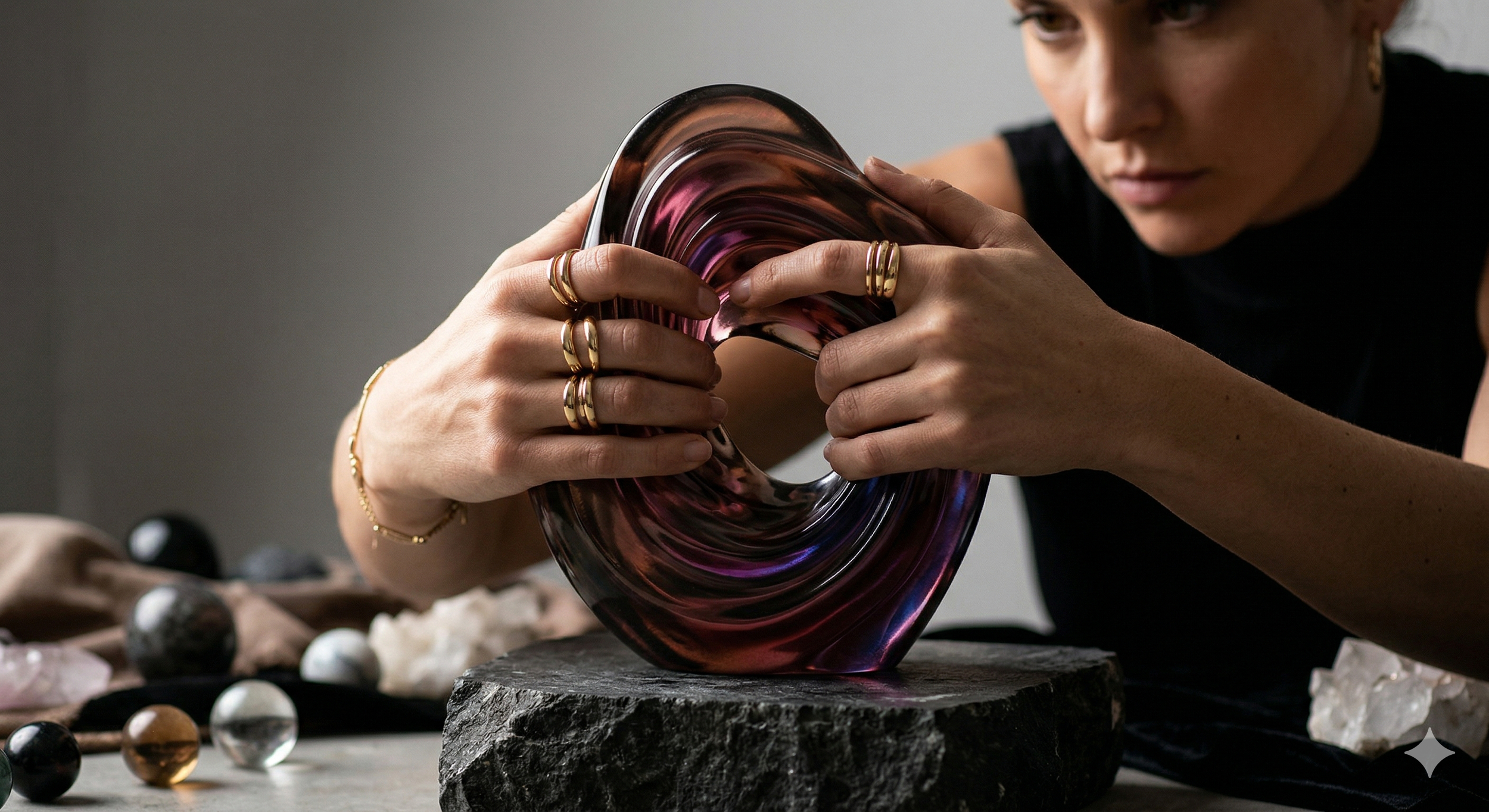 A woman with gold rings and bracelet is holding and examining a piece of art glass with pink, purple, and black swirls, placed on a black stone base, with various stones and crystals around her.
