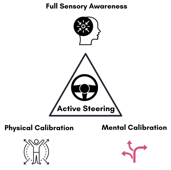 Diagram showing the components of driving awareness and control, including a profile of a human head with a light bulb symbol representing full sensory awareness at the top, a central triangle labeled 'Active Steering,' and two supporting elements labeled 'Physical Calibration' with a person and arrows indicating movement, and 'Mental Calibration' with a pink arrow indicating direction.