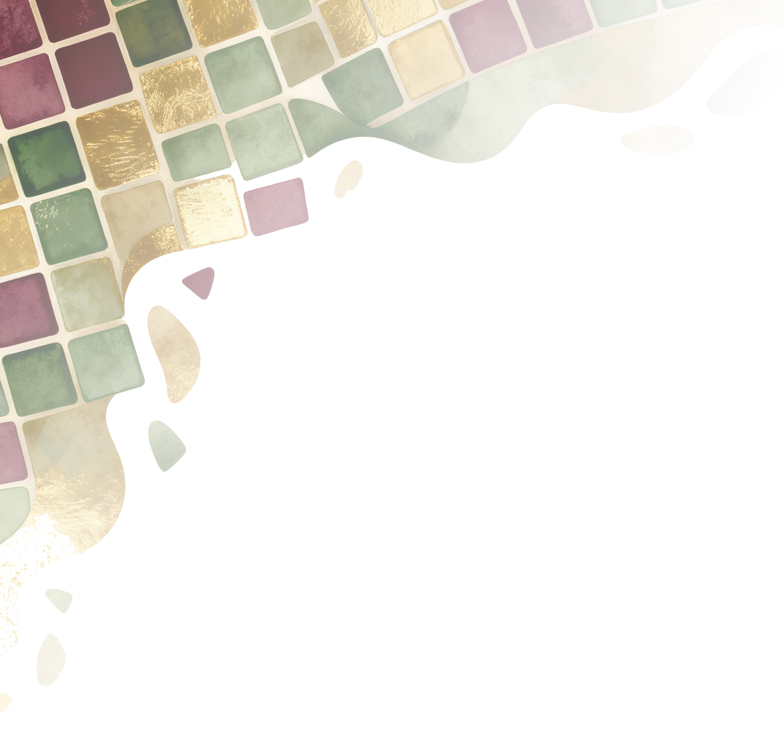 Decorative border of green, maroon, and gold watercolor tiles and abstract splashes on a light green background.