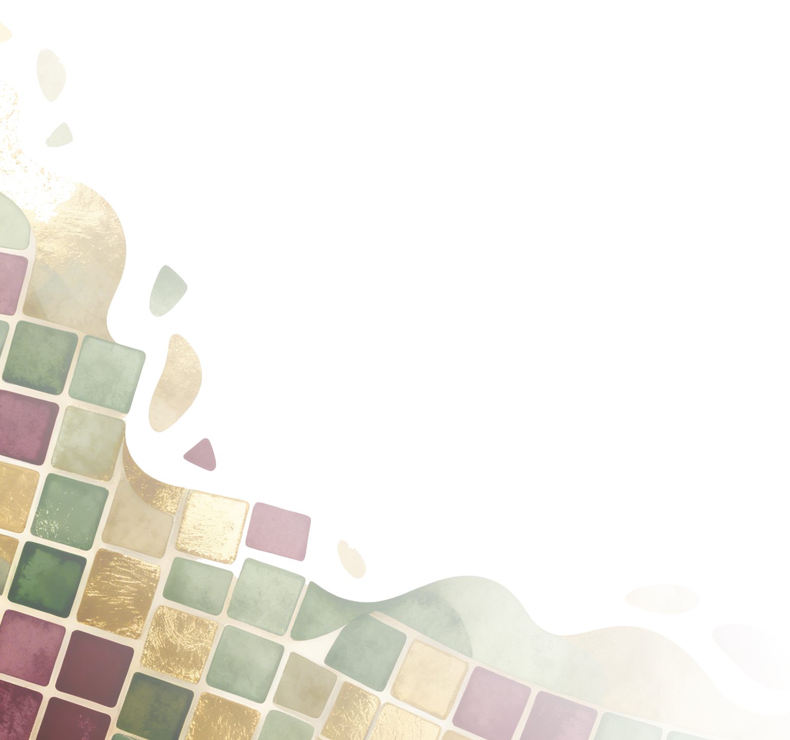 A digital graphic design with a gold, green, and burgundy color scheme featuring an abstract mosaic pattern on the left side and horizontal beige and burgundy bars with placeholder text on the right side.