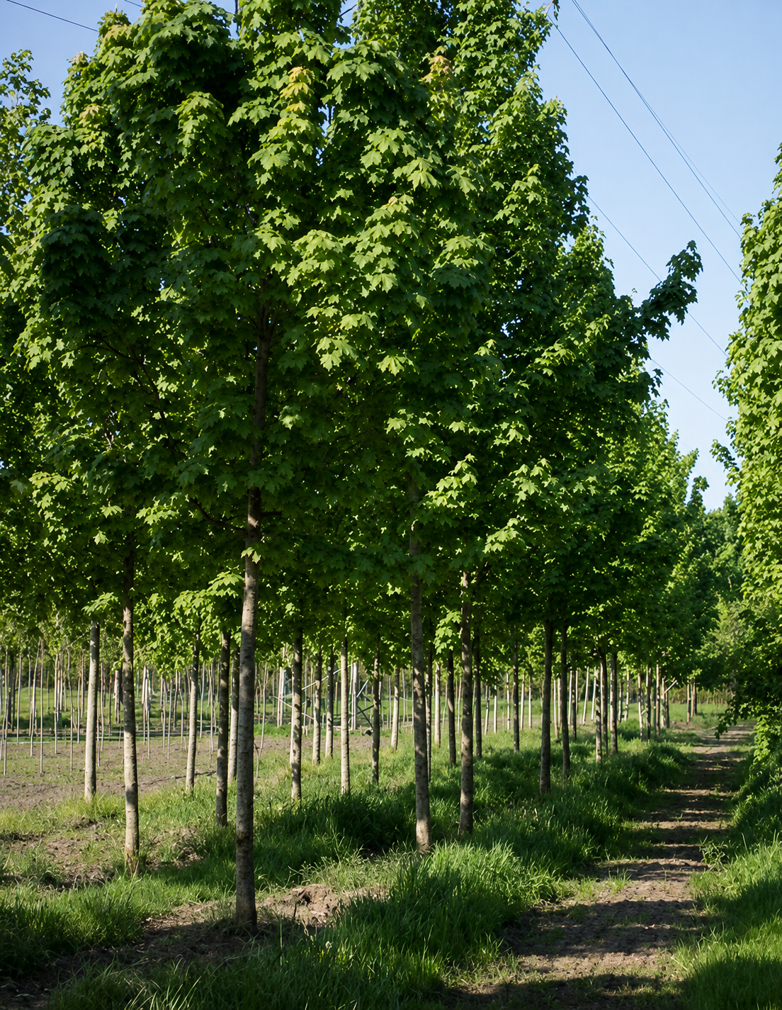 A plantation of young trees in a field with green grass, under a clear blue sky, with power lines overhead.