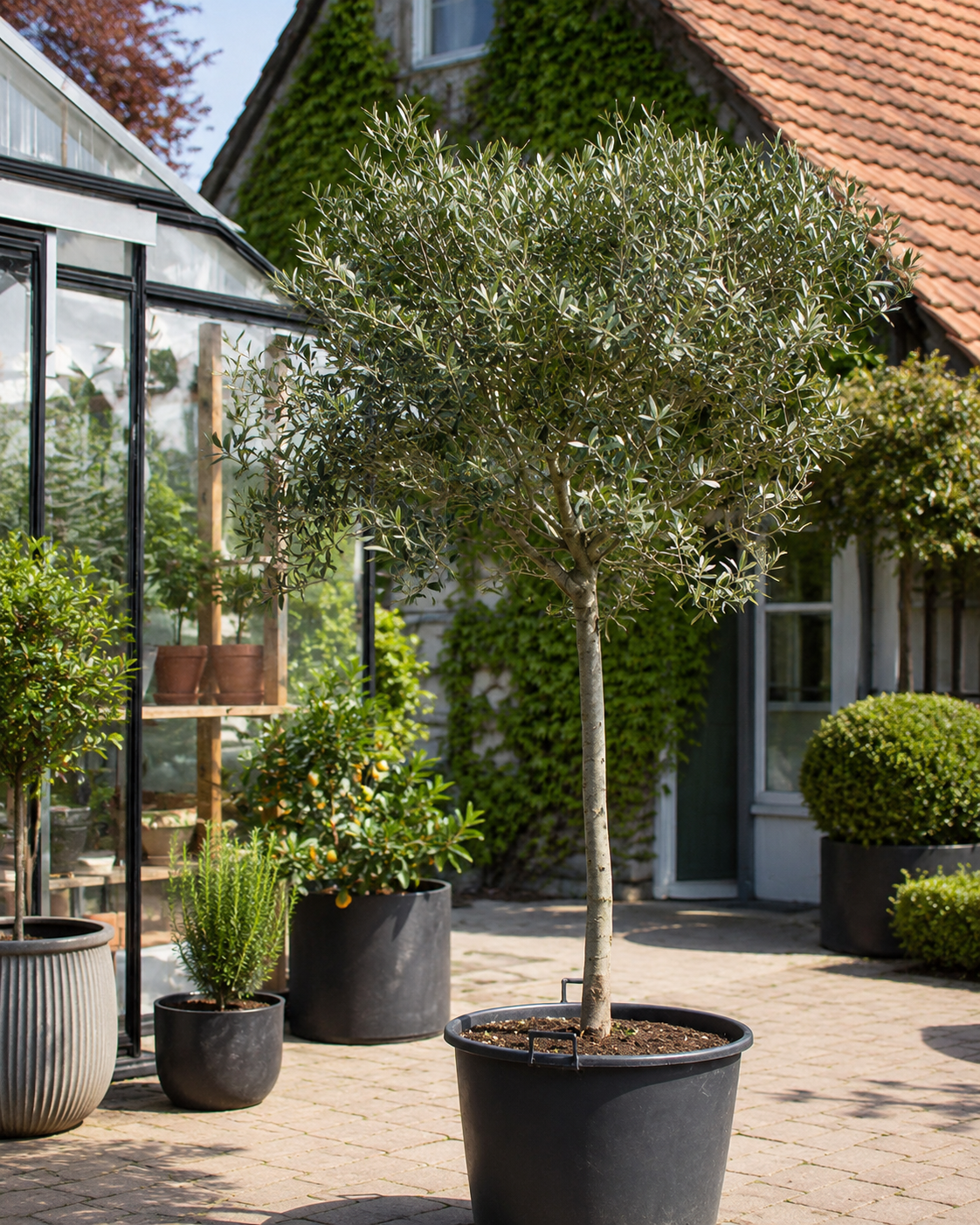 Potted olive tree on a patio with other plants and a greenhouse in the background.