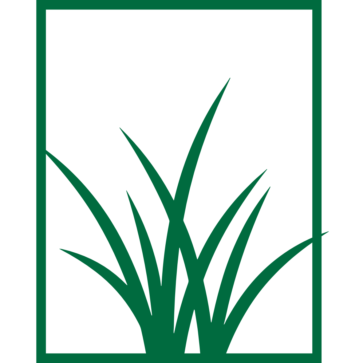 A simple green outline of grass blades enclosed within a rectangular frame.