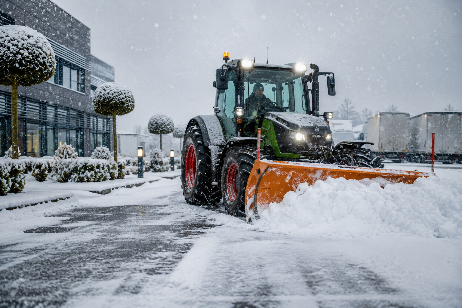 A person driving a snow plow clearing snow from a city street during a snowfall.