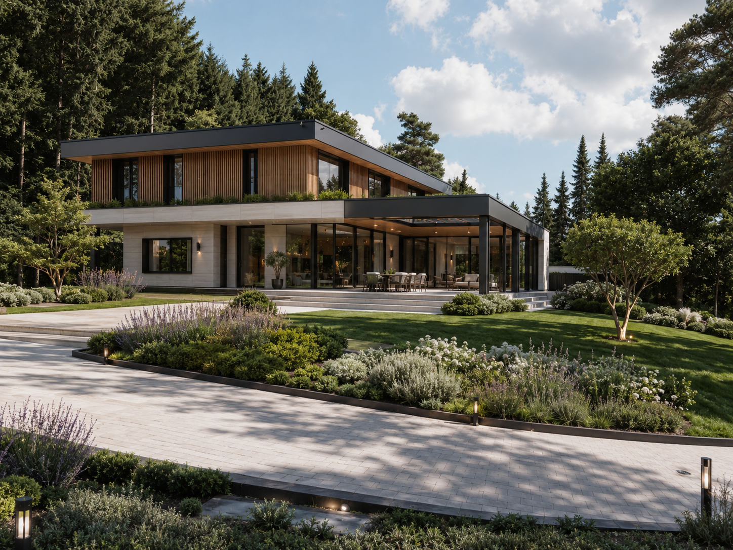 Modern two-story house with large glass windows and a landscaped garden with trees and shrubs