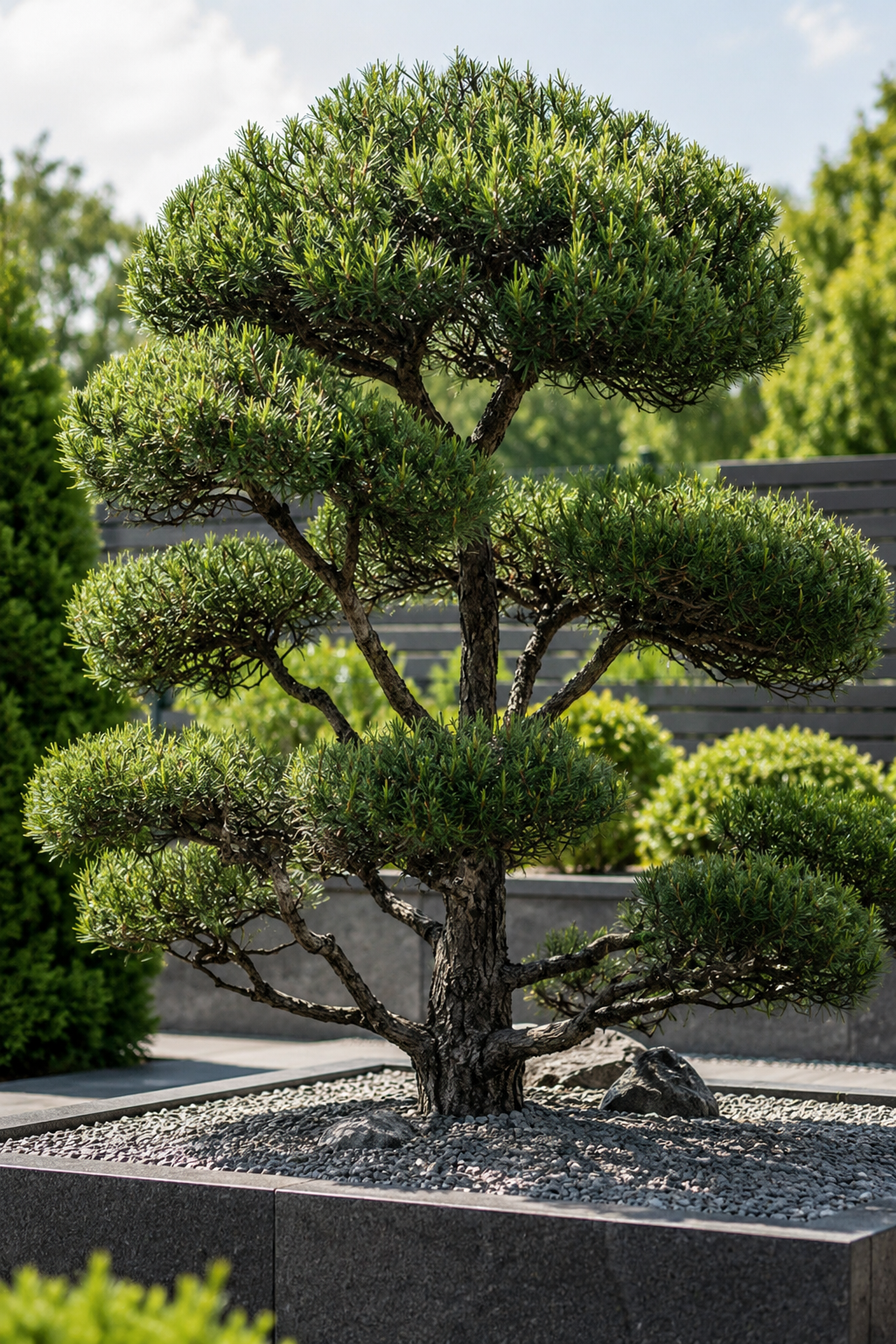 A meticulously pruned bonsai tree with multiple rounded tiers of green foliage planted in a stone container, outdoors on a sunny day.
