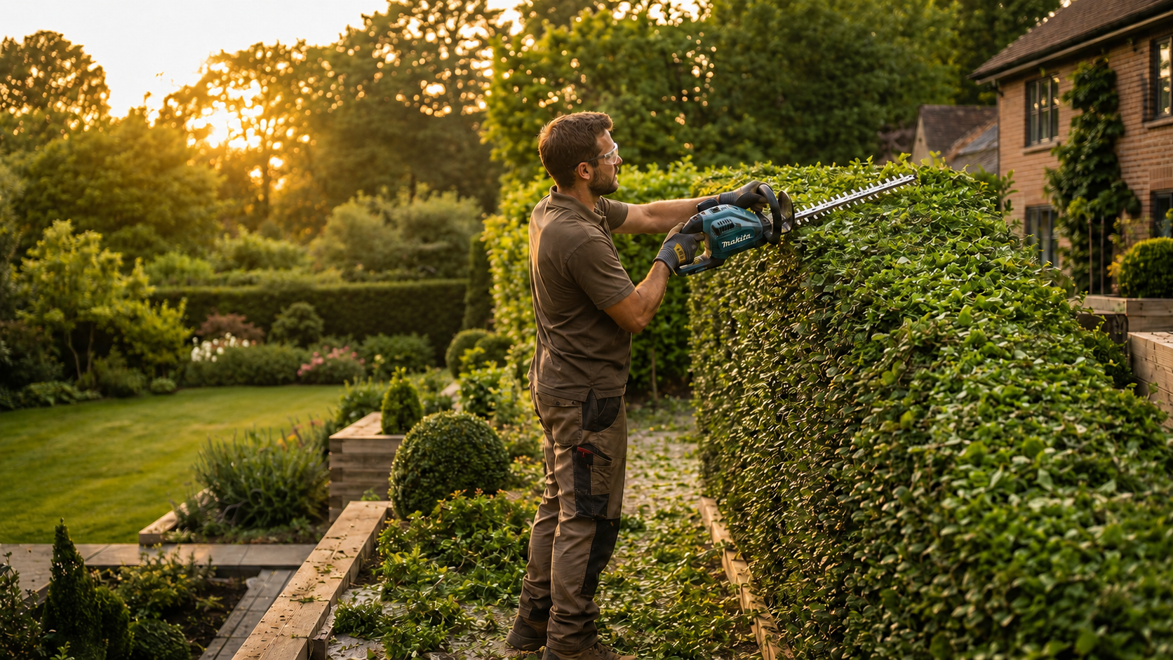 A man trimming a hedge with a power hedge trimmer in a backyard garden at sunset.