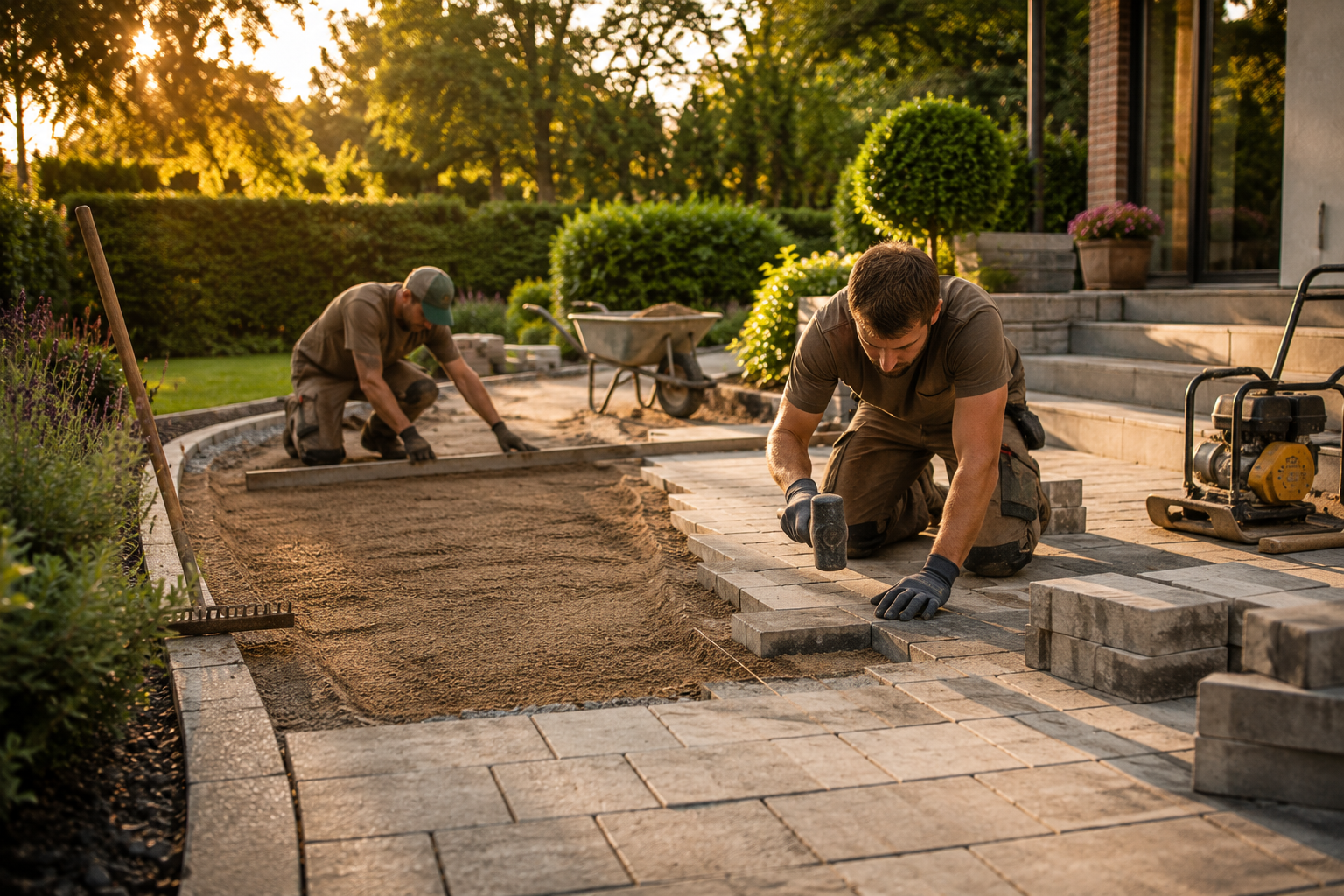 Two workers installing pavers on a garden pathway during sunset, with lush greenery and steps in the background.