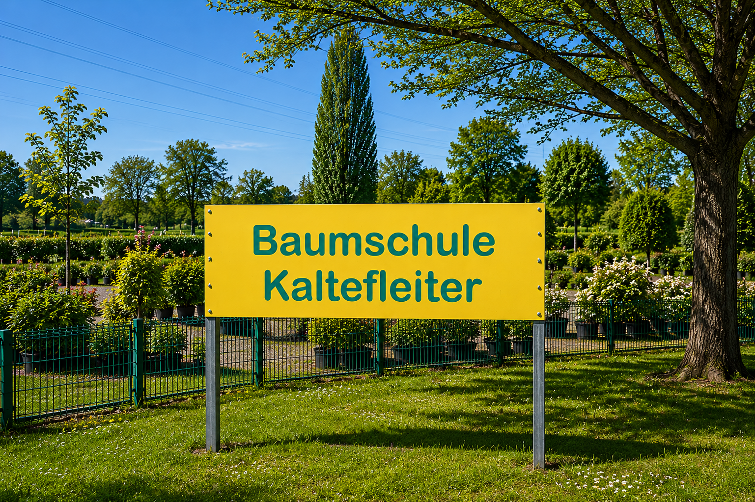 A yellow sign with green text reading 'Baumschule Kalteleiter' in front of a nursery with trees and plants in pots, surrounded by a green fence on a sunny day with blue sky and some clouds.