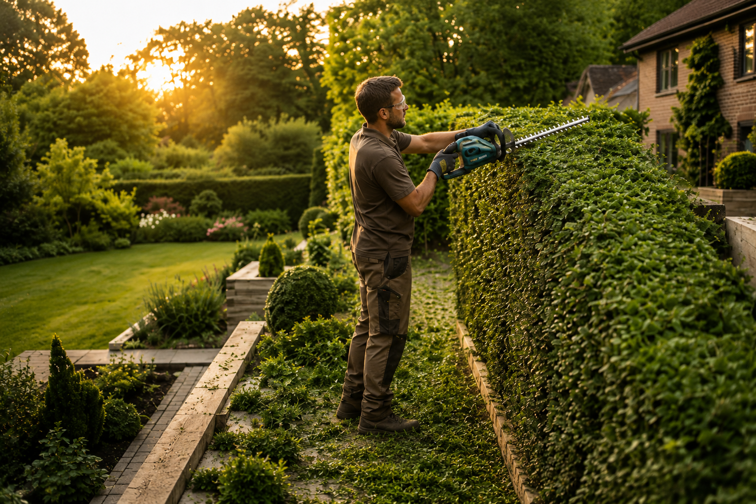 A man trimming a hedge in a garden during sunset.