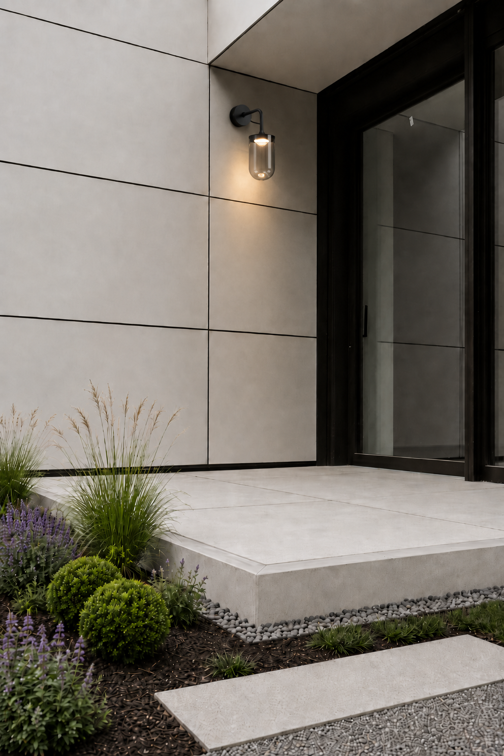 Modern building entrance with a light fixture, sliding glass door, and landscaped plants including grasses and small shrubs.