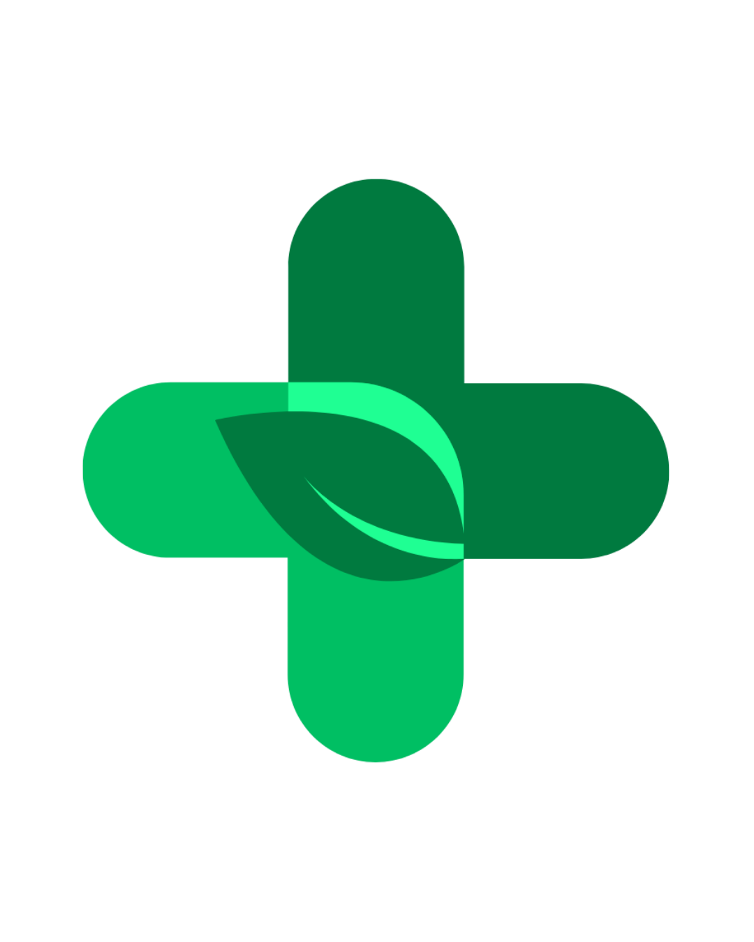 Símbolo de medicina con una cruz verde y una hoja en el centro, representando la salud natural y ecológica.