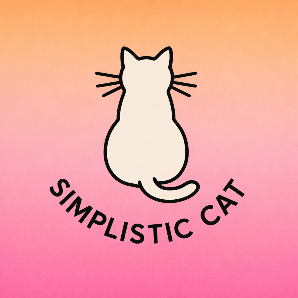 A minimalist logo featuring a white cat from behind with black outline, whiskers, on a pink and orange gradient background, with the text "Simplistic Cat" curved below the cat.