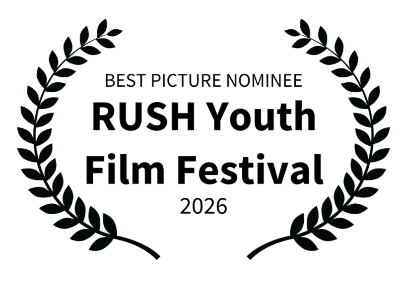 A black and white logo for the Rush Youth Film Festival, featuring laurel wreaths surrounding the text.
