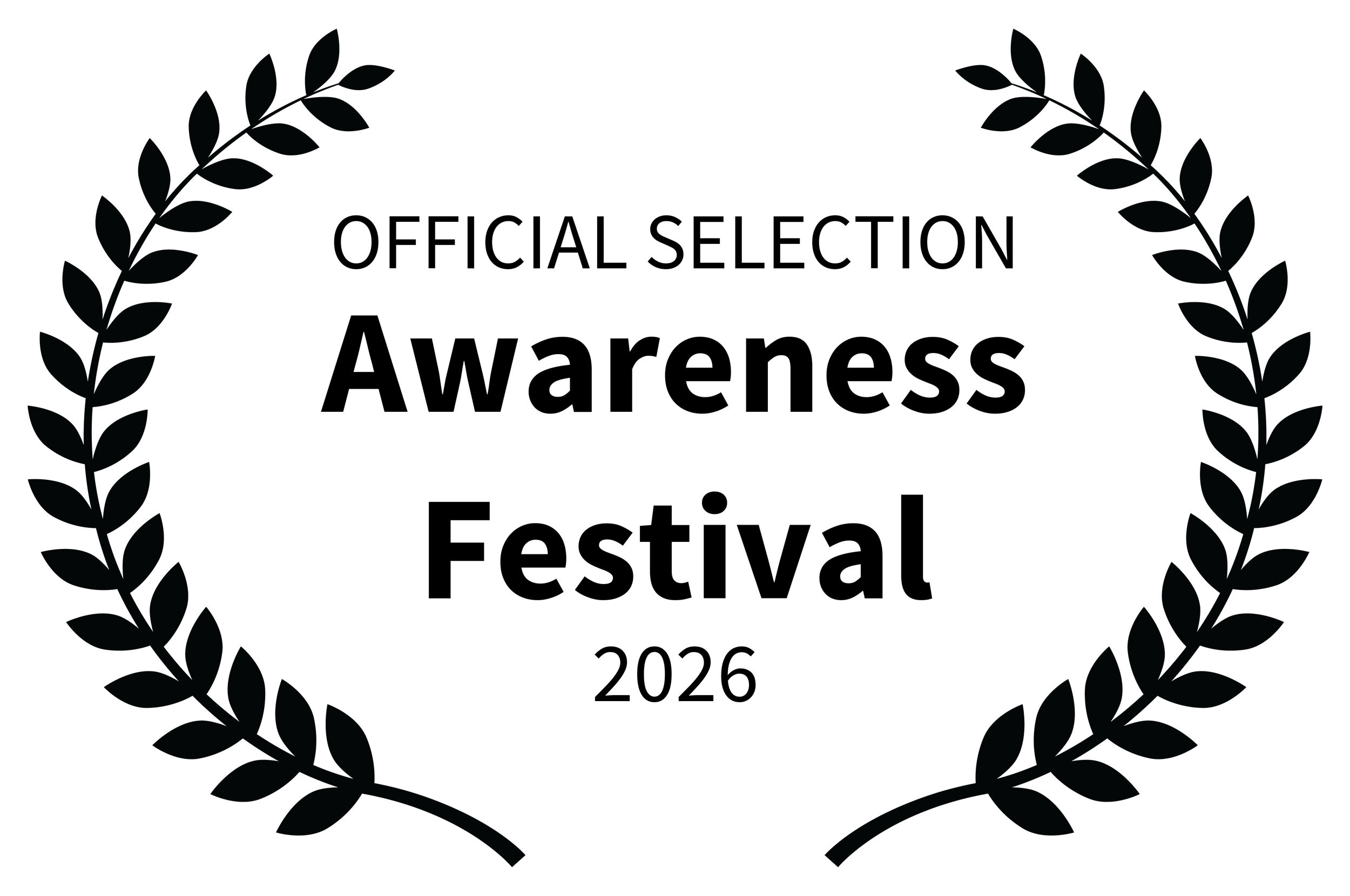 Black award badge with laurel wreaths outline and text that reads 'Official Selection, 2023 International Film Festival'.