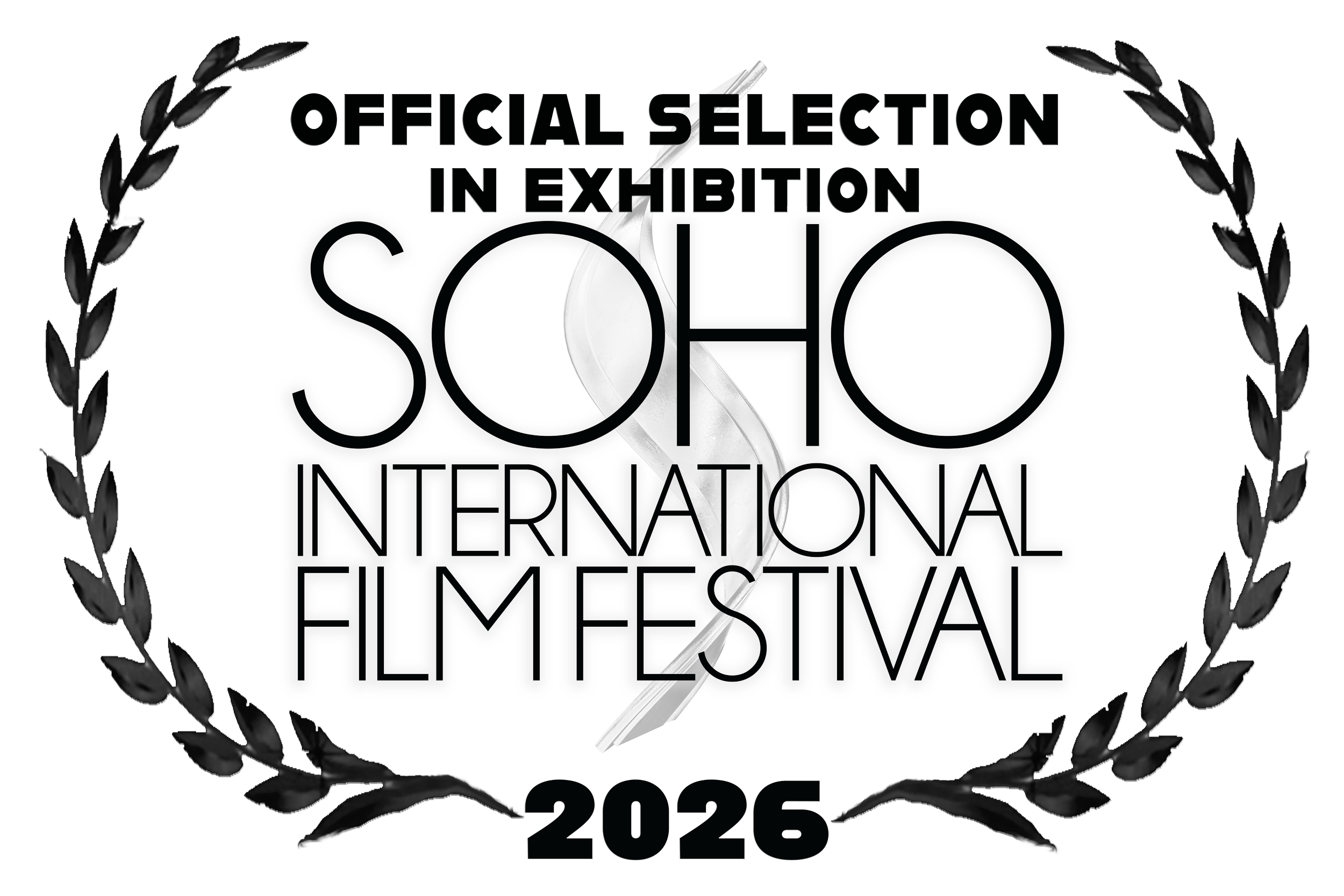 Black and white logo for the 2025 International Film Festival, framed with a laurel wreath and featuring text that reads "Official Selection in Exhibition" and "2025."