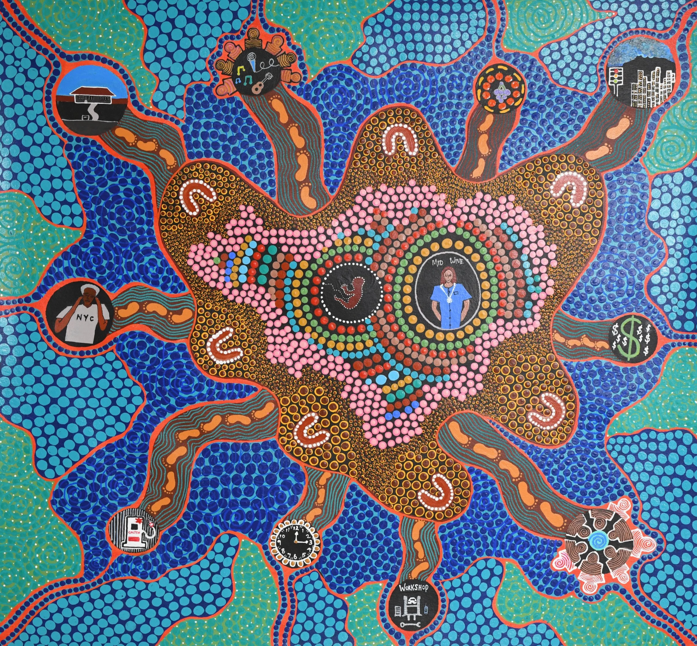 A colorful, abstract dot painting featuring a central pink heart shape with smaller patterns and icons inside it. The surrounding area contains images such as a house, a nurse, a person with headphones, a dollar sign, a clock, a medical kit, and a workshop sign, all connected by orange and brown flowing lines against a backdrop of blue and green dotted patterns.