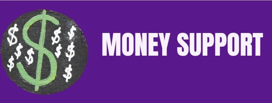 A graphic with a black circle containing a green dollar sign and smaller white dollar signs, alongside the bold purple text 'Money Support'.