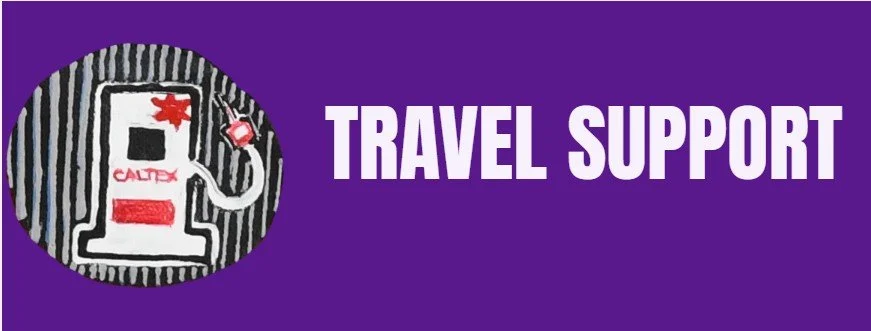 Purple background with a circular logo featuring a black and white striped fire extinguisher, and bold white text reading "Travel Support".