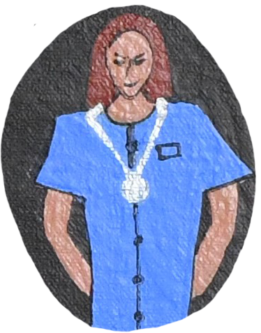 A woman with red hair in a blue nurse uniform, standing with hands on her hips and winking.