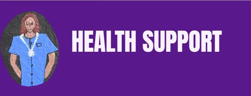 Illustration of a nurse in a blue uniform with a stethoscope, next to the text 'Health Support' on a purple background.