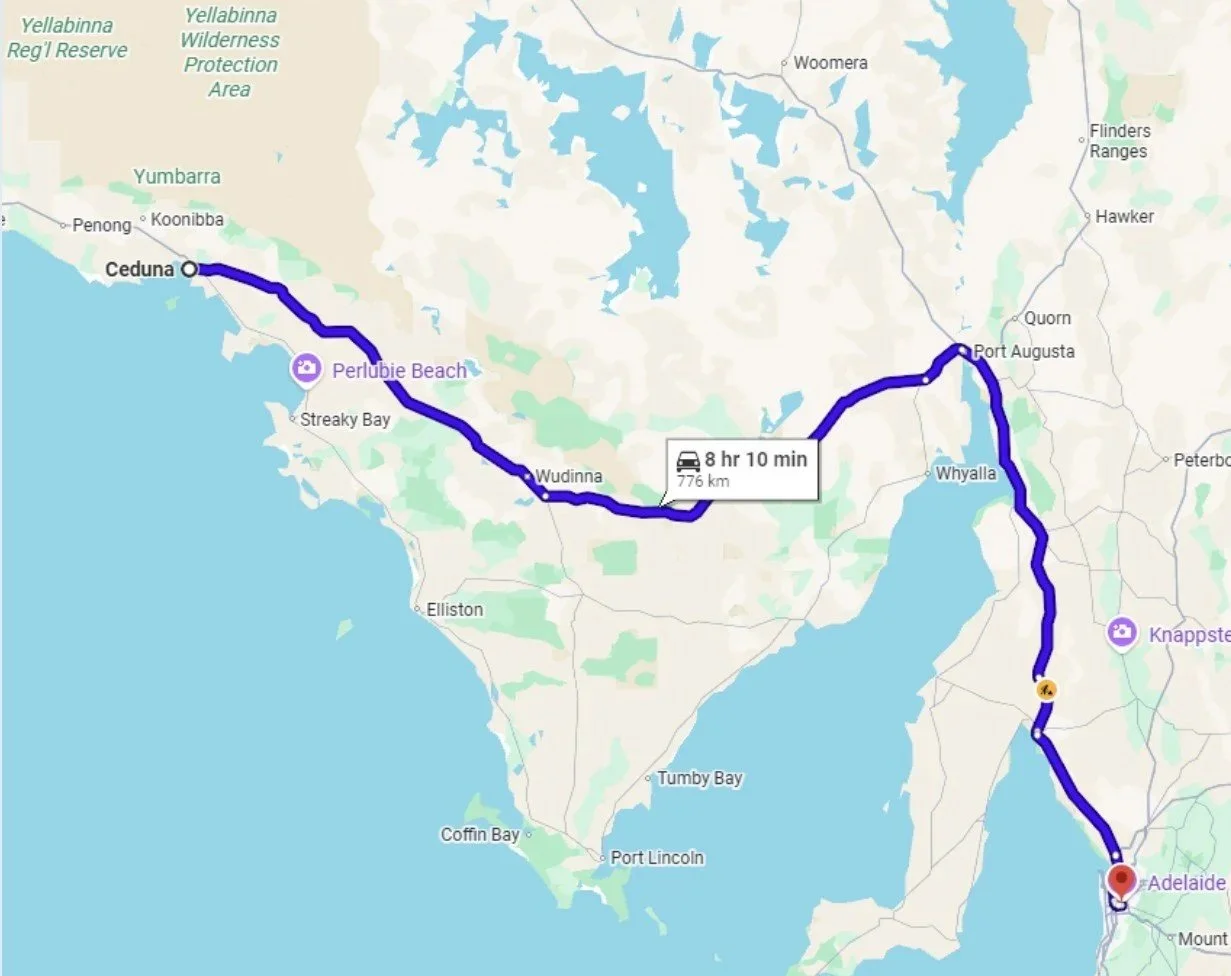 Map showing a road trip route from Adelaide to Ceduna in Australia, passing through Wudinna and Port Augusta, with an estimated travel time of 8 hours and 10 minutes over 776 kilometers.