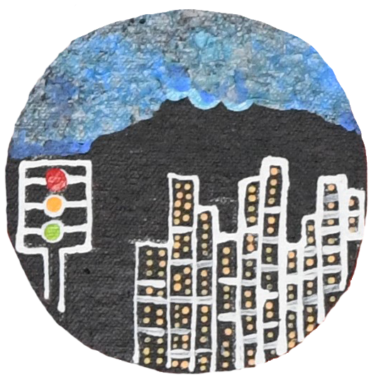 Painted artwork of a cityscape with skyscrapers, a traffic light with red, yellow, and green lights, and a mountain range with a blue sky in the background.