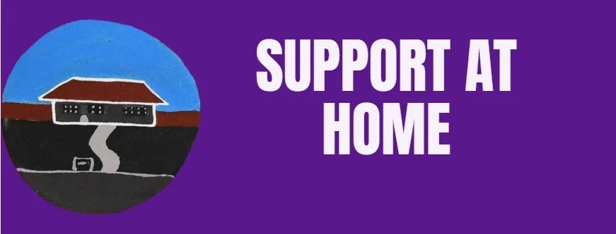 Purple background with white text reading "Support At Home" and a circular illustration of a house with a driveway, set against a blue sky.