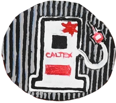 Drawing of a Caltex gas pump with a hose and nozzle on a navy striped background.