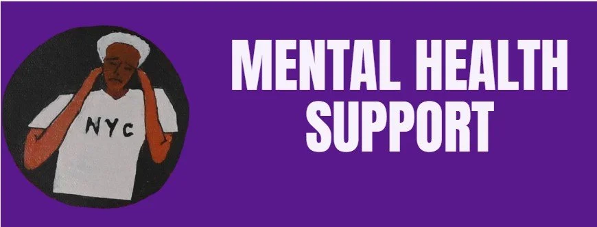 Illustration of a person with gray hair holding their head, with text 'Mental Health Support' on a purple background.
