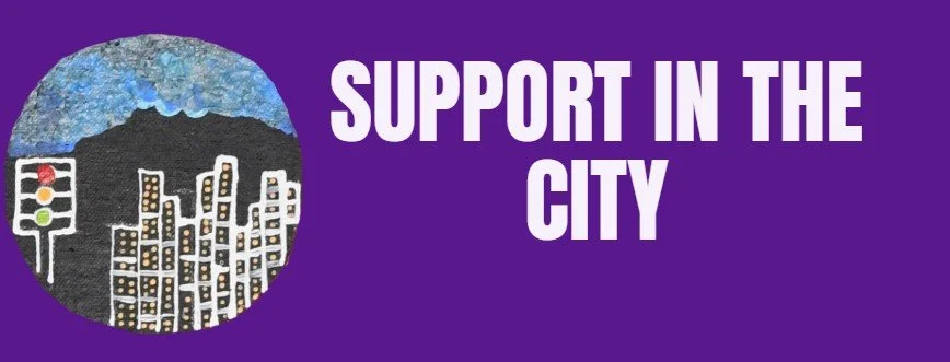 A graphic with a circular map of a city showing buildings, a traffic light, and a cloudy sky, with the text "Support in the City" on a purple background.