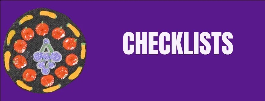 A purple background with a circular decorated object featuring orange, yellow, and purple elements on the left and the word 'CHECKLISTS' in bold white letters on the right.