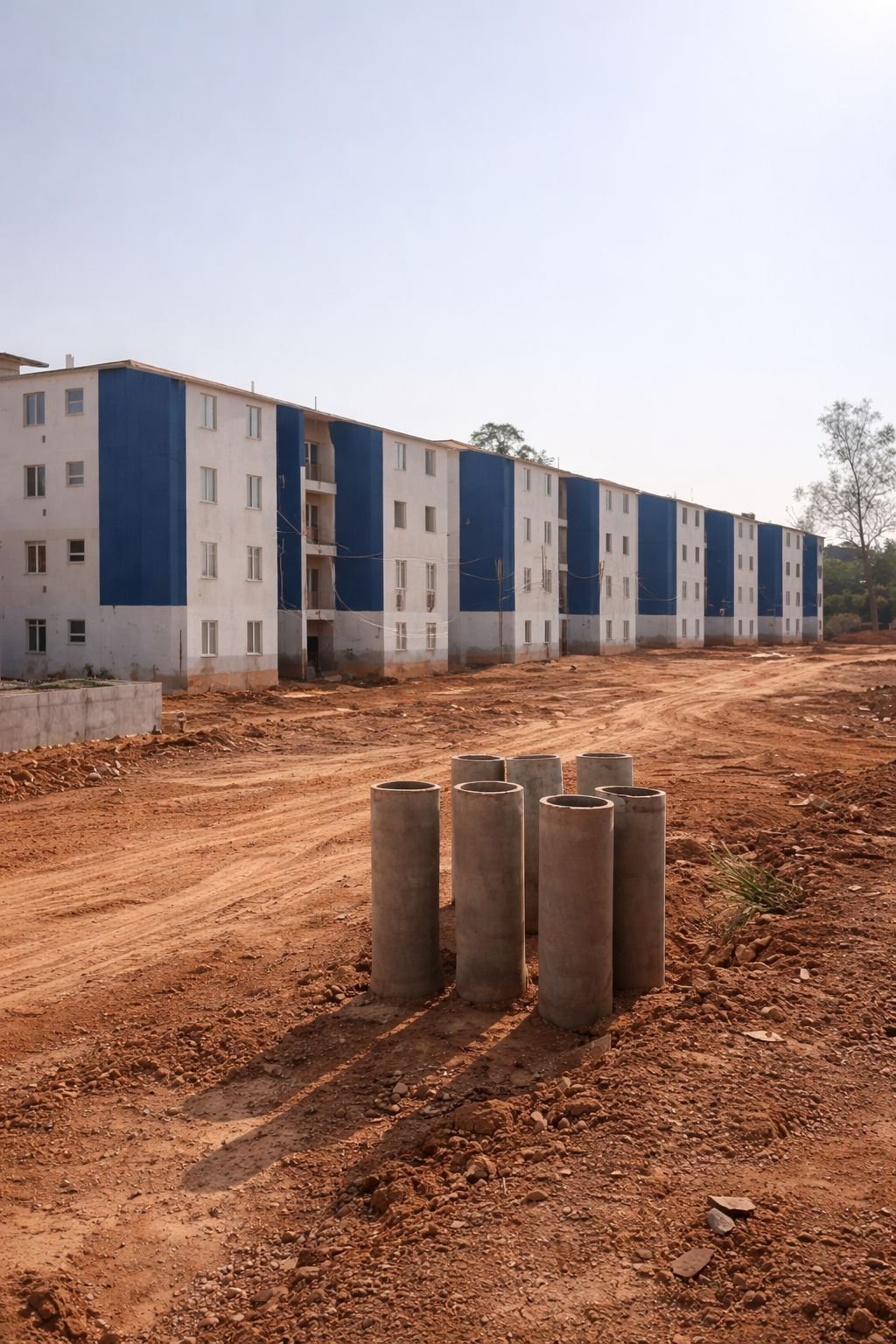 Edifício de apartamentos em construção ao lado de uma área de terra vermelha, com tubos de concreto no primeiro plano.