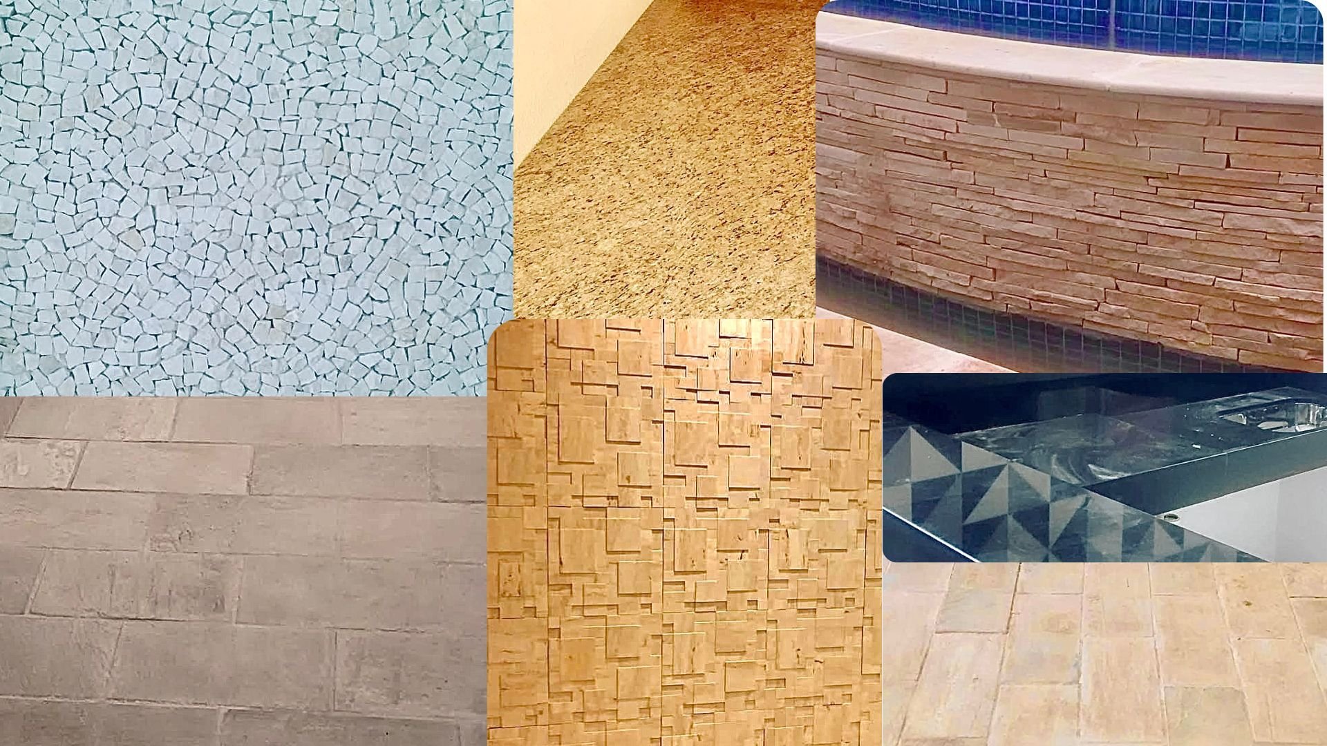 Piscina de forma circular com duas áreas de nível diferente, revestida com azulejos azuis e piso de madeira, contendo uma cuba decorativa no centro cheia de pedras decorativas.
