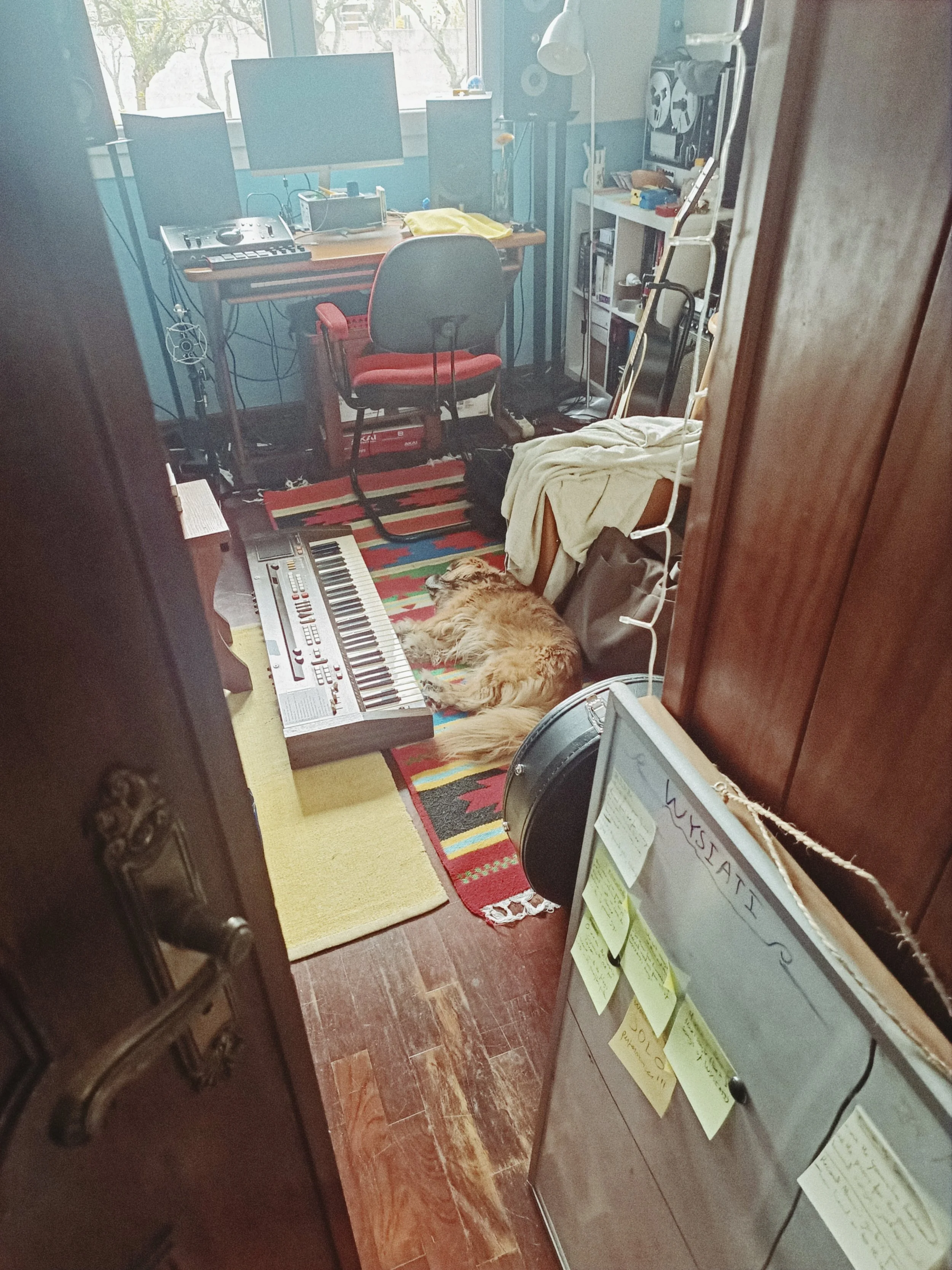 A cluttered room with a computer desk, dual monitors, a keyboard, and a chair, near a window. There is a keyboard on the floor, a dog lying next to it, and various office supplies scattered around.