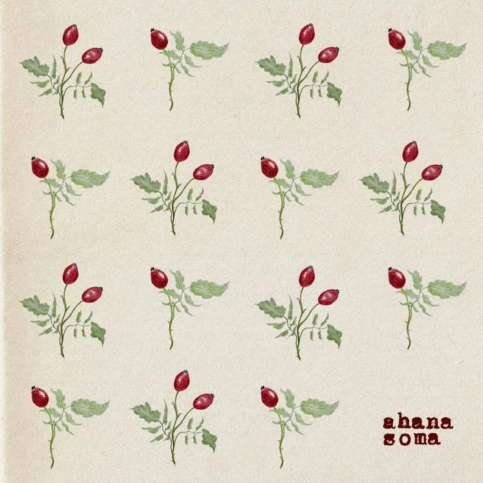 Repeating pattern of coffee plant illustrations with red coffee cherries and green leaves on a light background, with the text 'ahava soma' in the bottom right corner.