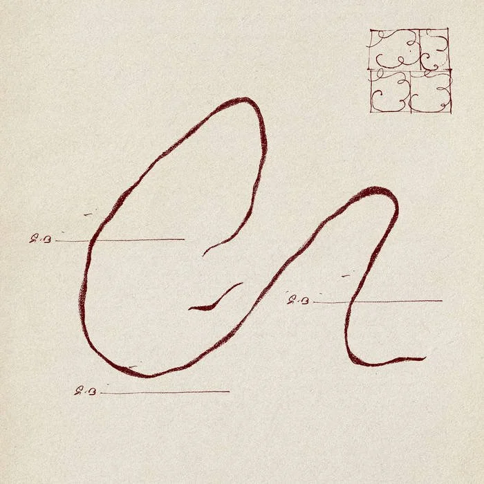 A line drawing of a hand with labeled parts, along with a small decorative sketch of a square with swirling patterns in the top right corner.