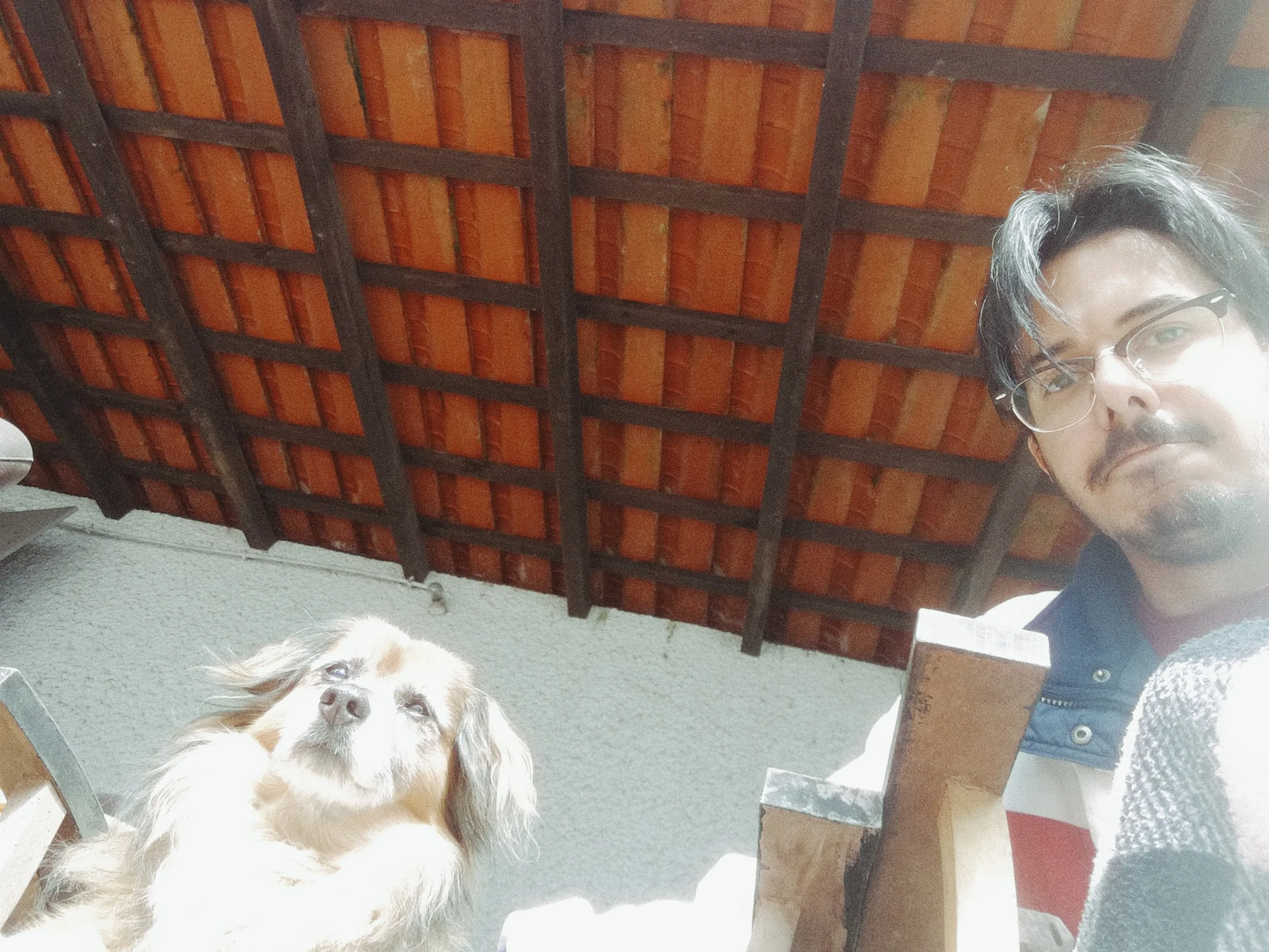 A person with glasses and a mustache leans over a white and brown dog with floppy ears, on a structure with a tiled roof and a concrete wall in the background.