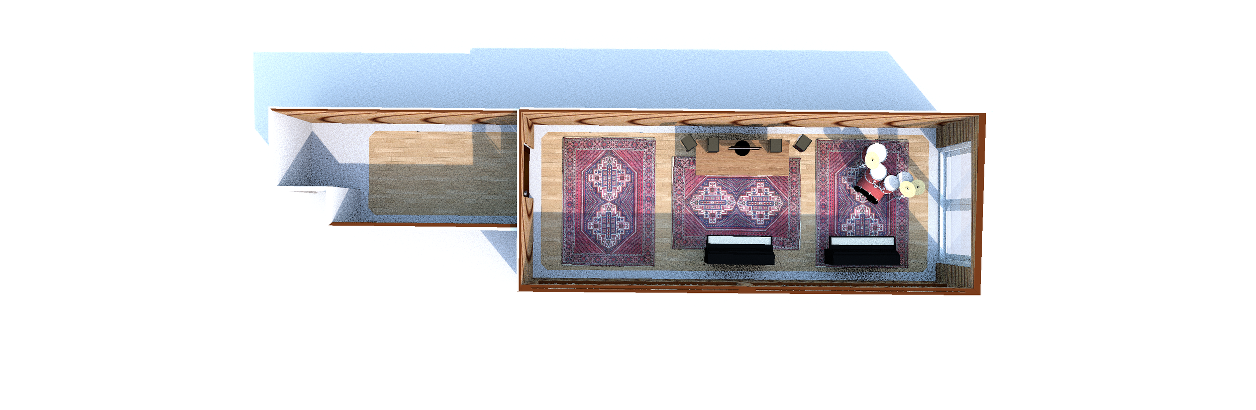 Top-down view of a small apartment with a living room, two area rugs, a couch, a coffee table, an entertainment console, and a person seated on a patterned chair.
