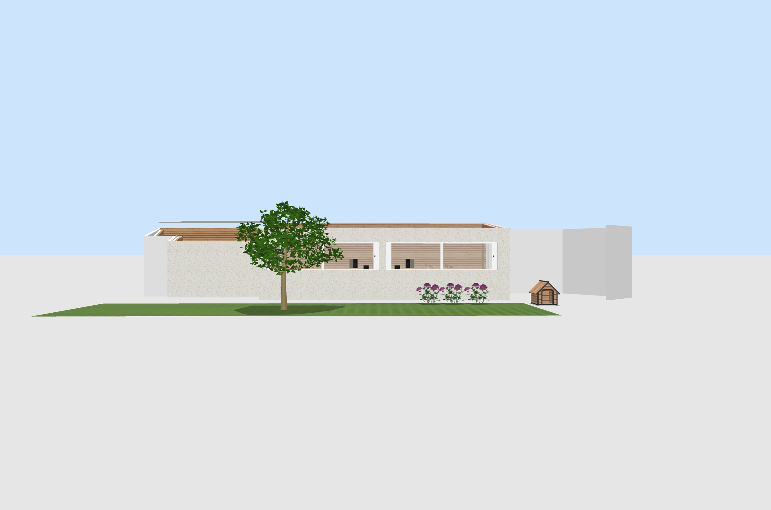 Digital rendering of a modern residential building with a flat roof, a tree in front, and a small doghouse to the right, all on a grassy lot under a clear blue sky.