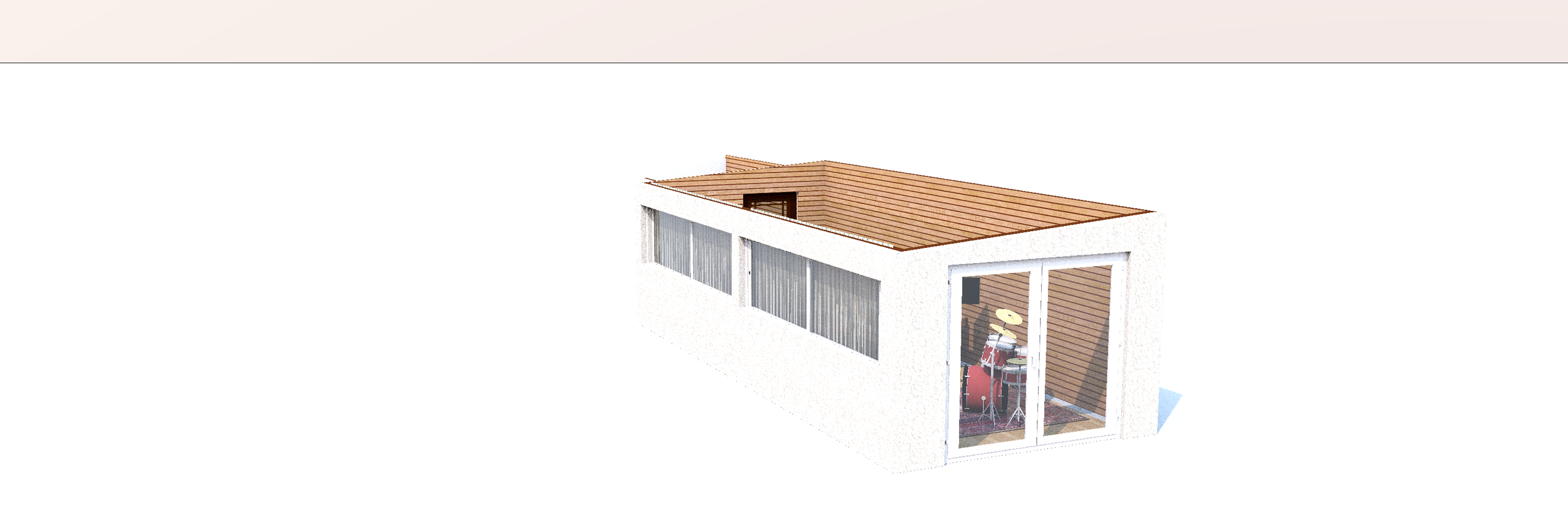 3D rendering of a modern, small building with a wooden roof, white walls, large windows, and a glass door leading to a room with a red drum set inside.