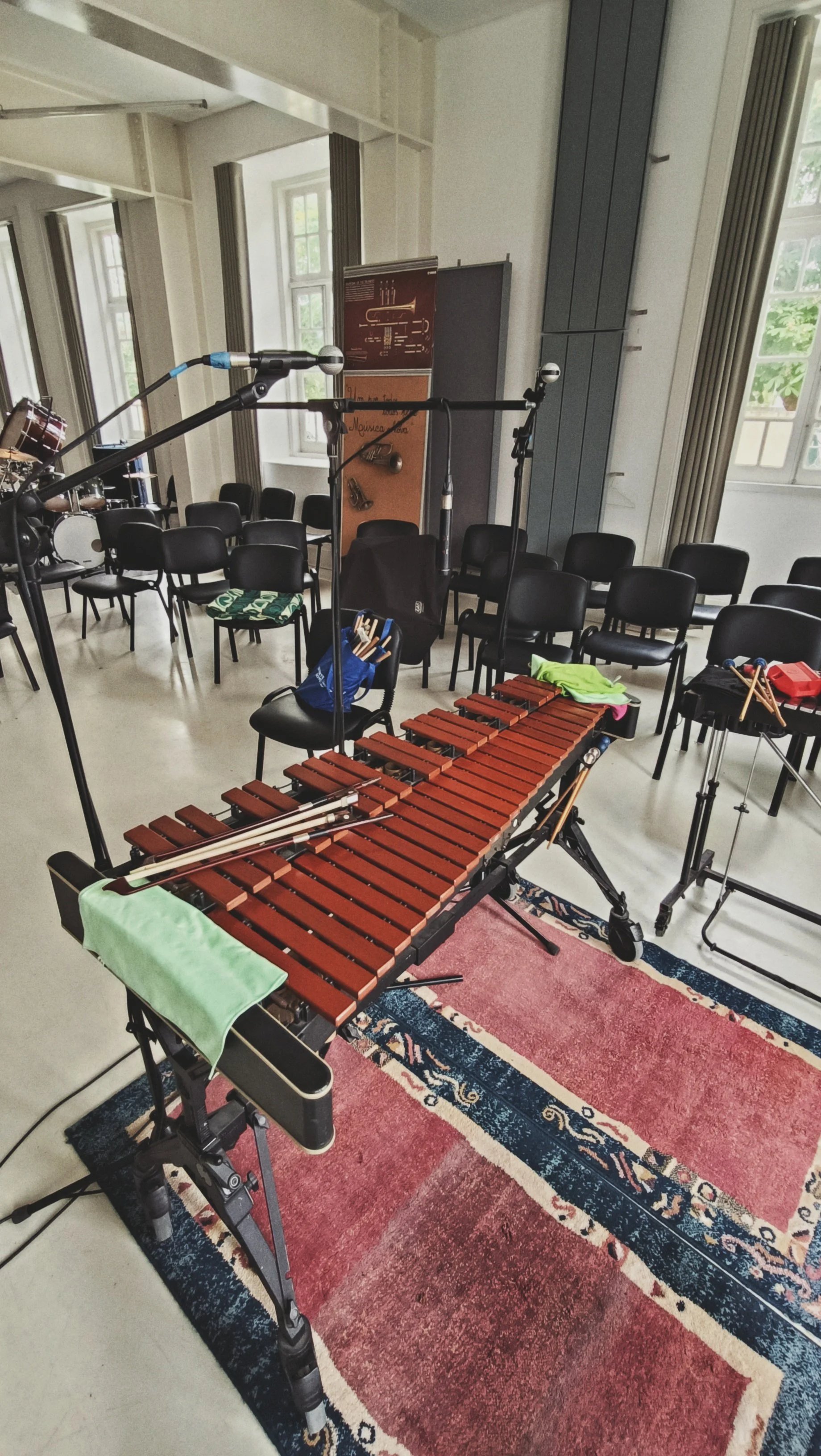 A music room with chairs, a marimba, and percussion instruments. There are large windows, curtains, and a colorful rug on the floor.