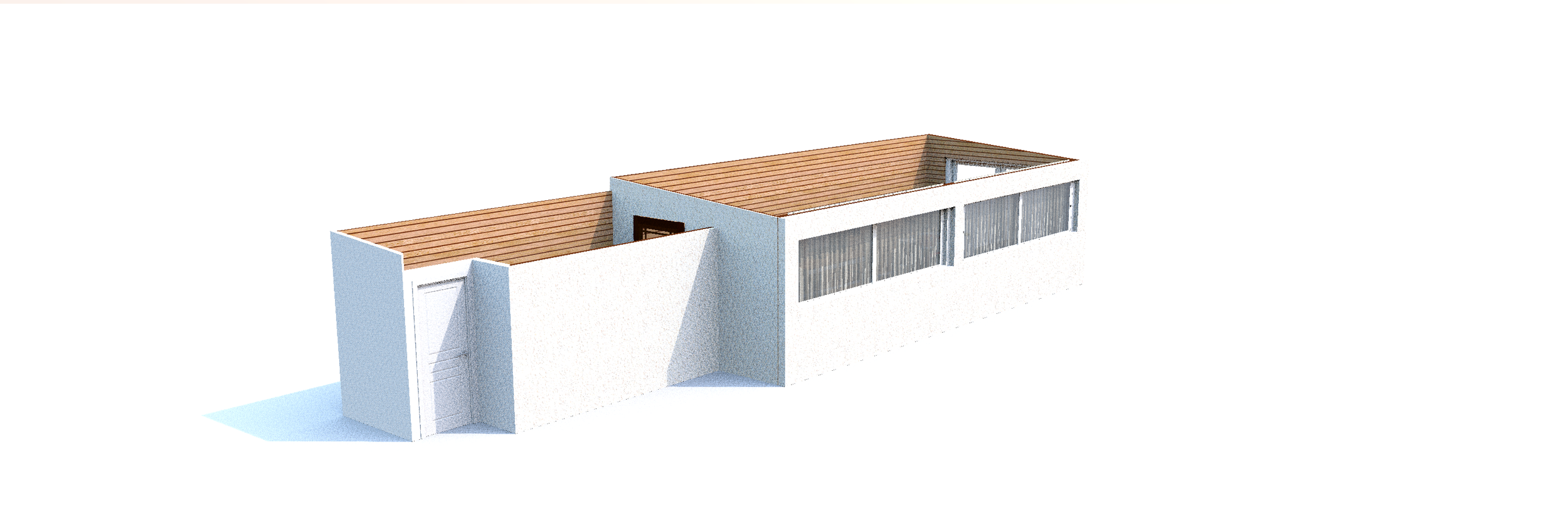 A modern, minimalist single-story building with a white exterior, wooden roof, and large windows.
